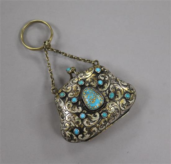 A 19th century Austro-Hungarian? parcel gilt white metal and turquoise set purse, 56mm.